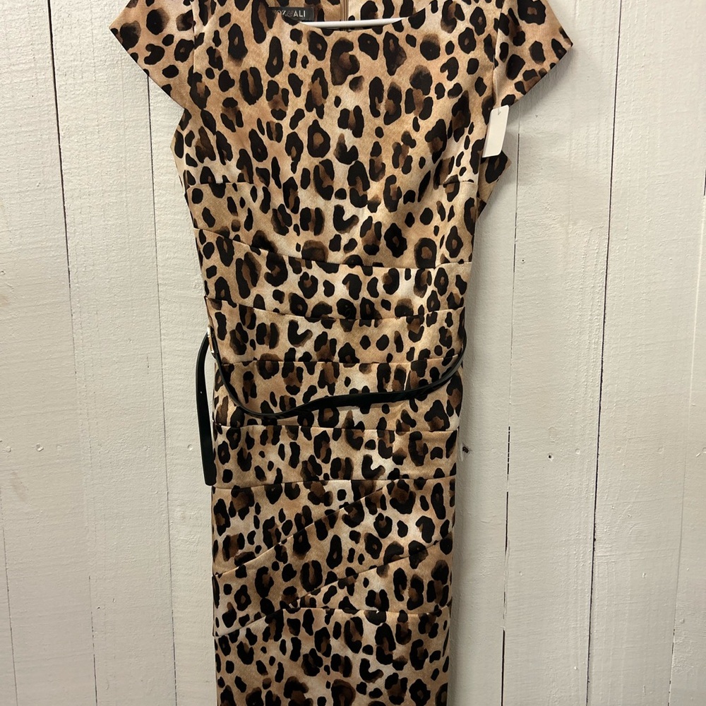 Roz & Ali Leopard Print Sheath Midi Dress With Belt